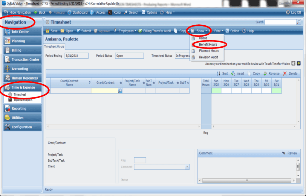 Deltek Vision timesheet screen with Navigation menu on the left and the Timesheet entry grid visible. 'Time & Expense' and 'Timesheet' are circled.