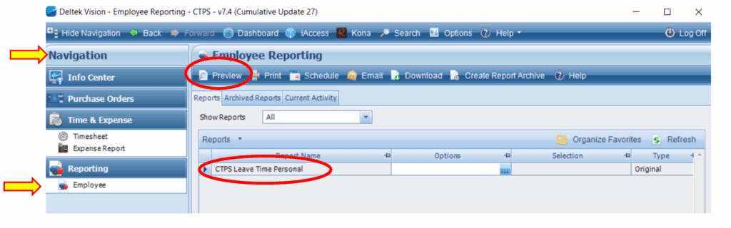 Deltek Vision Employee Reporting screen with 'Employee' selected in the left navigation. The 'Preview' button and the report titled 'CTPS Leave Time Personal' are circled.