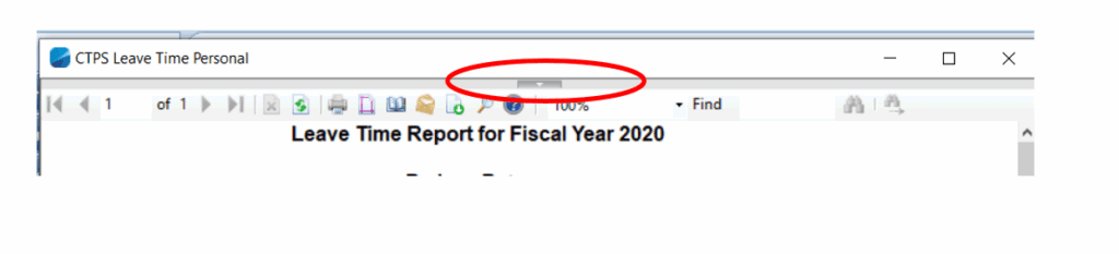 CTPS Leave Time Personal report window with the top filter bar partially collapsed, hiding the fiscal year selector. A circled area highlights the hidden control.