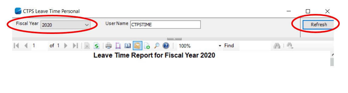 CTPS Leave Time Personal report window showing the fiscal year dropdown on the left and the 'Refresh' button on the right, both circled.
