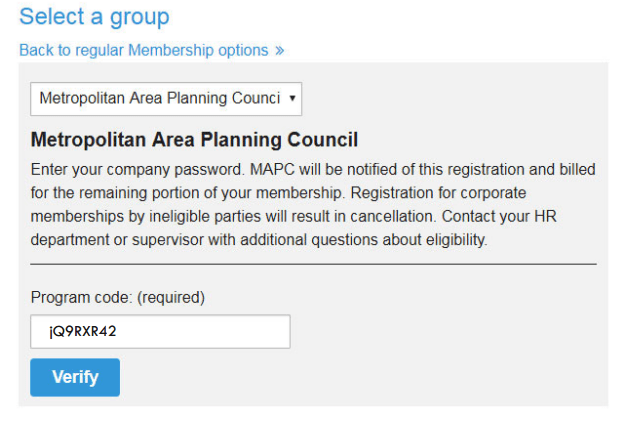 Screenshot of the Bluebikes corporate discount page with “Metropolitan Area Planning Council” selected, instructions about eligibility, and a text field to enter a required program code above a “Verify” button.
