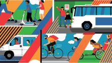 Colorful illustration showing people using scooters, buses, vans, and bicycles, with diagonal graphic stripes across the scenes.