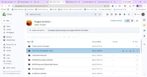 Screenshot of the Project Archive shared drive listing project folders with names for each project. Each folder contains data.
