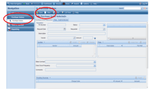 Screenshot of a purchasing system interface showing navigation options on the left and a purchase order form in the main panel, with key menu items circled.