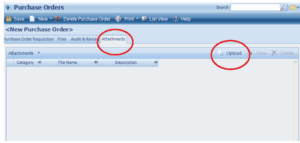 Screenshot of a Purchase Orders window showing the Attachments tab and an Upload button circled to highlight where to add files.