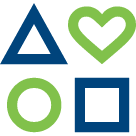 Four simple icons—a blue triangle, a green heart, a green circle, and a blue square—arranged in a compact grid