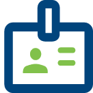 Icon of a green identification badge with a light-blue user silhouette and two horizontal lines symbolizing name and information fields.