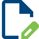 Icon of outlined dark blue document with green blue pen on the bottom right.