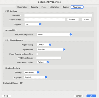 Document properties show where users can change the language