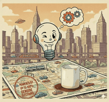 AI-generated image of a lightbulb and a cityscape with a newspaper and a coffee cup.